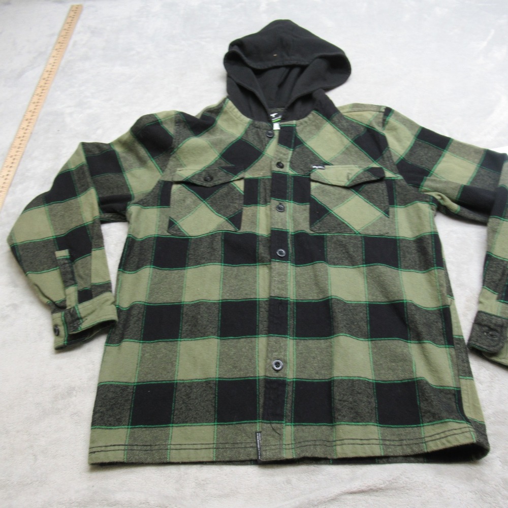 LRG Shirt Jacket Mens Large Green Check Flannel Cotton Pockets Button Up Hooded